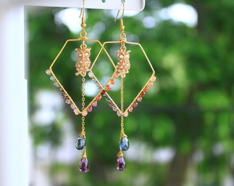 Owl Earrings - Diamond Hoop Earrings - Beaded Hoops - Spinel Earrings - Amethyst - London Blue - Gemstone Earrings - Hoop Earrings