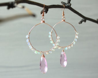 Opal Earrings - Morganite Earrings - Boho Earrings - Elegant Earrings -  Hoop Earrings - Gemstone Dangle Earrings - Pink Earrings