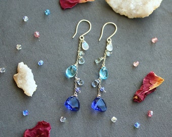 Blue Ombre Earrings - Mixed Gemstone Earrings - Winter Earrings - Moonstone - Tanzanite - Dangle Earrings - Crystal Gemstone Earrings