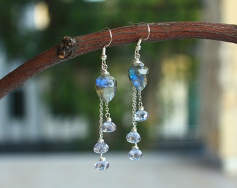 Labradorite Waterfall Earrings - Dainty Earrings - Iolite  Earrings - Dangle Earrings - Crystal Earrings - Gemstone Earrings - Blue Earrings