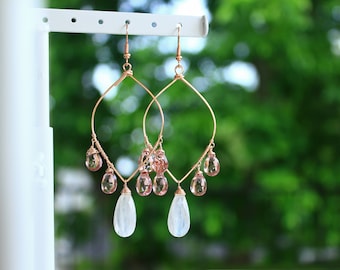 Moonstone & Kunzite Earrings - Chandelier Earrings - Rainbow Moonstone - Hoop Earrings - Pink - Boho Earrings - Bohemian - Gemstone Earrings