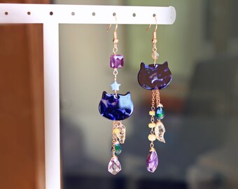 Cat Earrings - Purple Earrings - Black Opal - Asymmetrical Earrings - Mismatched - Amethyst - Gemstone Earrings - Dangle Earrings - Resin