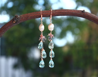 Aquamarine Cascading Earrings - Dainty Earrings - Pearl Earrings - Spinel Earrings - Crystal Earrings - Gemstone Earrings - Dangle Earrings