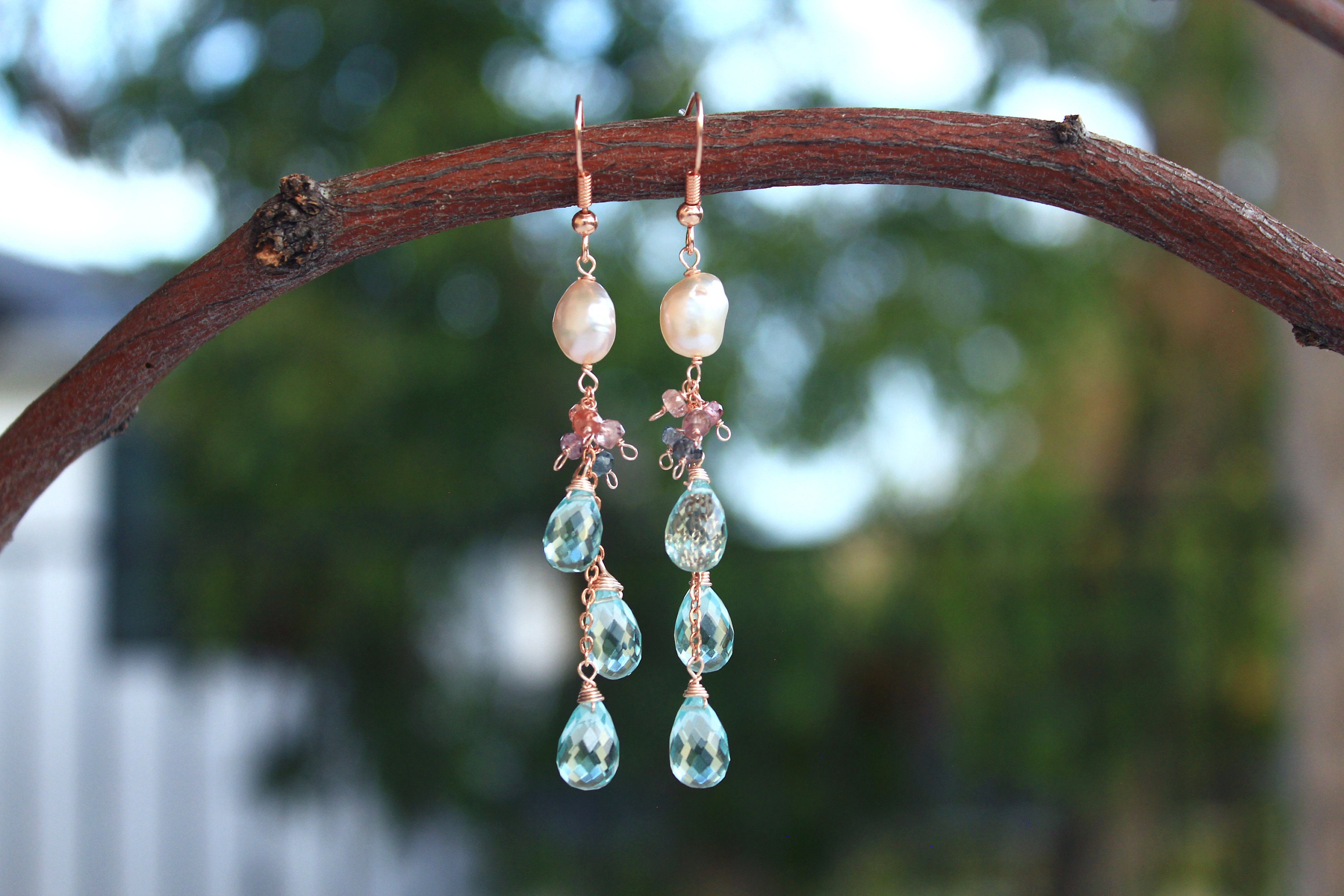Aquamarine Cascading Earrings - Dainty Earrings - Pearl Earrings - Spinel Earrings - Crystal Earrings - Gemstone Earrings - Dangle Earrings