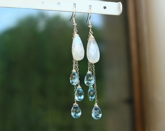 Waterfall Earrings - Rainbow Moonstone Earrings - Blue Topaz Earrings - Light Blue Earrings - Gemstone Earrings - Dangle Earrings - Crystal