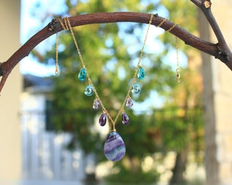 Rainbow Fluorite necklace - Ombre necklace - Gemstone Necklace - Gem drops Necklace - Purple Green - Layering Necklace - Large pendant