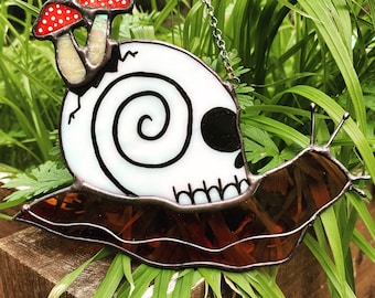 Skull snail stained glass suncatcher with mushrooms