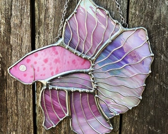 Pink Betta fish stained glass suncatcher