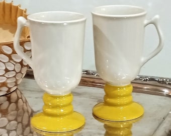 Vintage Set of 2 HALL #1273 Footed Glazed Porcelain Mugs Yellow and White USA