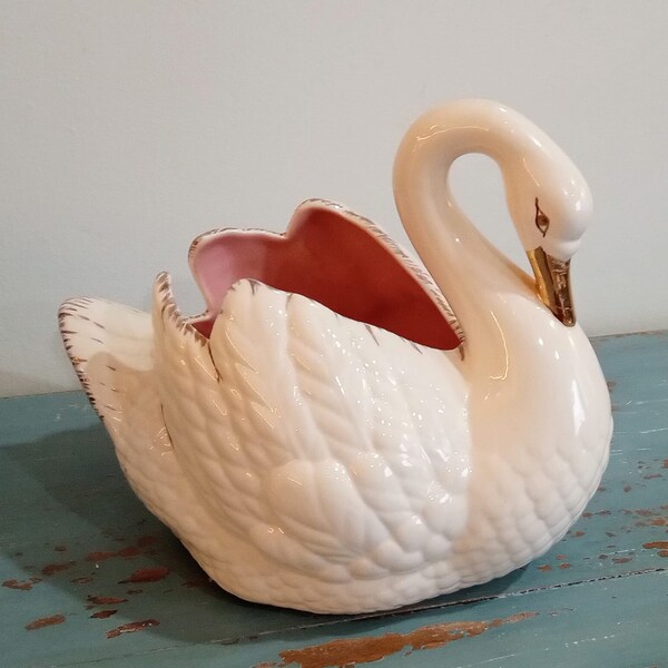 Large Vintage Ceramic Swan Planter ~ Mid Century MCM ~ Holland Mold ~ White with Gold Accents