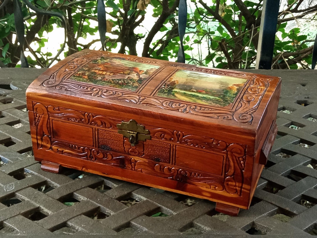 Vintage Wood Carved Jewelry Box With English Cottage Scene Etsy