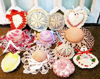 Antique Pin Cushions Lot of 12 ~ Handmade ~ Vintage Crocheted  Hand Crafted Bonnets Pin Cushion  ~ Crafts Sewing