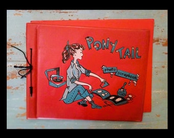 Vintage 60s Pony Tail Photo Scrapbook Jpurnaling ~ Red Vinyl with Turquoise and Black Accents ~ 14" x 11"