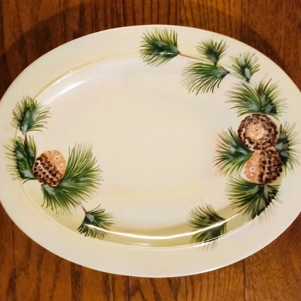 Large Ceramic Platter ~ Ceramic with Pinecones Evergreen Branch's ~ Holiday Entertaining Centerpiece 16 x 12