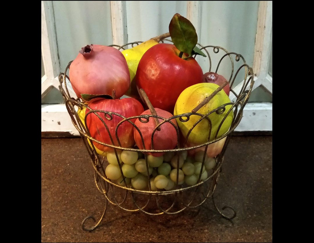 Charming Vintage Old Footed Wire Basket Filled With Faux Fruit ...