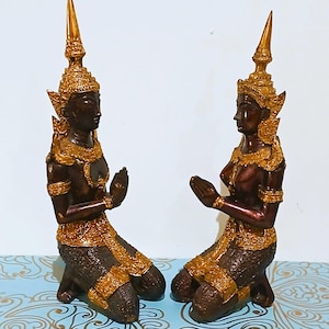 Asian Gilt Bronze Pair of Thepphanom  Sculptures ~ kneeling in wai hand gestures ~ Thai Buddhist Tradition ~ Sacred Angels