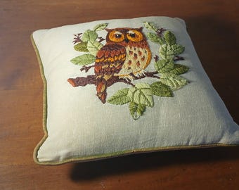 Vintage Owl Accent Pillow, Embroidered, Needlework, Crewel