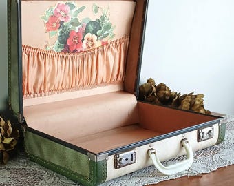 Vintage Small Suitcase Luggage ~ Two Tone Cream / Green w keys ~ Vendor Prop Booth Display Decor 16x12x6