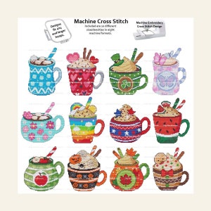 A Year Of Mugs Combo January - December 12 Months Coffee Series 10 Size Densities MACHINE Embroidery Cross Stitch Digital Download 4x4 hoop