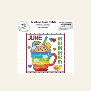 A Year Of Mugs, June, Frame, Monthly, Summer, Coffee, MACHINE Embroidery, Machine Cross Stitch, Cross Stitch, Digital Download, 5x5 hoop
