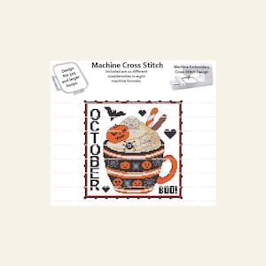 A Year Of Mugs October Halloween Spider Boo Holiday Frame Monthly Coffee Tea Cup MACHINE Embroidery Cross Stitch Digital Download 5x5 hoop