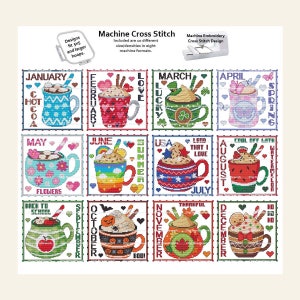 A Year Of Mugs FRAMED Combo January - December 12 Months Series 10 Size Densities MACHINE Embroidery Cross Stitch Digital Download 5x5 hoop