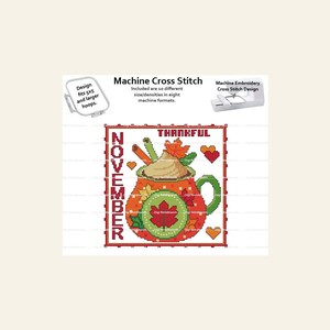 A Year Of Mugs November Fall Leaves Autumn Holiday Frame Monthly Coffee Tea Cup MACHINE Embroidery Cross Stitch Digital Download 5x5 hoop