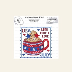A Year Of Mugs, July, Frame, Monthly, Summer, Coffee, MACHINE Embroidery, Machine Cross Stitch, Cross Stitch, Digital Download, 5x5 hoop