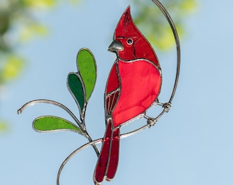 Adorno de cardenal para vitrales, regalo único para mamá, pájaro cardenal de vitral.
