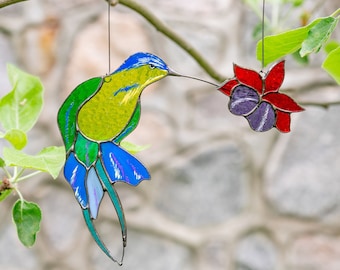 Hummingbird Stained Glass Window Hangings Mothers Day Gifts Bird House Decor Stained Glass Bird Wall Art Stained Glass Flower Suncatcher