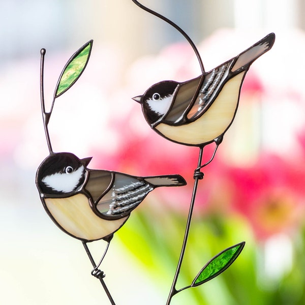 Oiseaux mésanges Vitrail suspendus Cadeaux de fête des Mères Vitrail moderne attrape-soleil oiseau
