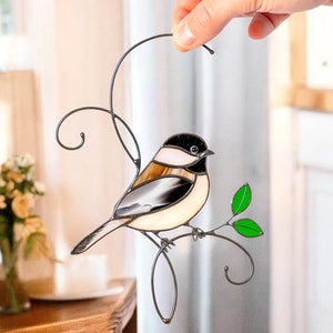 Modern Stained Glass Chickadee Ornament Sympathy Gift Stained Glass Window Hangings Handmade Product Chickadee Stained Glass Birds