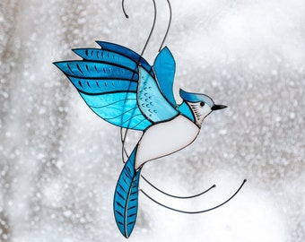 Blue Jay Stained Glass Window Hangings Mothers Day Gifts Custom Stained Glass Birds Suncatcher Blue Jay Art Stained Glass Bird Wings