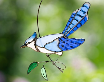 Decorazioni per finestre in vetro colorato Blue Jay, regali per la festa della mamma, decorazioni in vetro colorato con uccelli