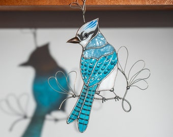 Blue Jay Custom Stained Glass Birds Suncatcher Mothers Day Gifts Stained Glass Window Hangings Blue Jay Feather Hanging Bird Decor