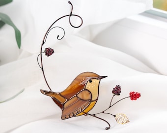 Carolina Wren Finestra in vetro colorato Appeso Decorazione per uccelli Regali per la festa della mamma Uccelli in vetro colorato personalizzati Suncatcher Vetrata Arte da giardino