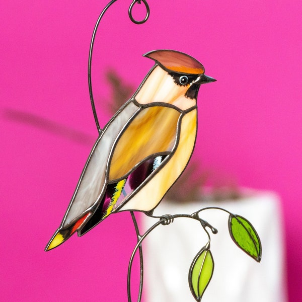 Bird Stained Glass Window Hangings Mothers Day Gifts Cedar Waxwing Stained Glass Suncatcher Custom Stained Glass Art