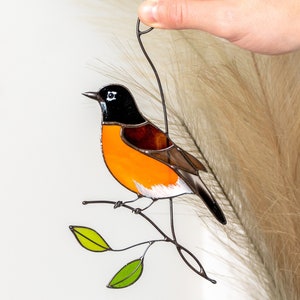Oiseau attrape-soleil, vitrail, cadeau de pendaison de crémaillère, merle d&#39;Amérique, vitrail personnalisé, tenture, cadeau pour amoureux de la nature