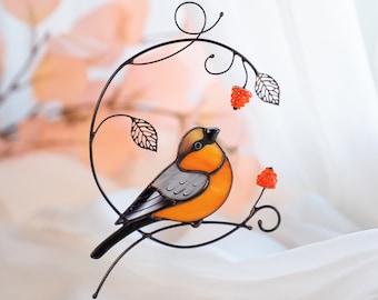 Bullfinch Hand Painted Bird Stained Glass Window Hangings Mothers Day Gift Custom Stained Glass Birds Suncatcher Window Bird Feeder