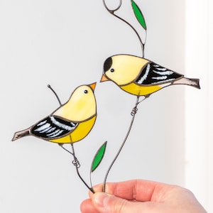 Goldfinches Stained Glass Window Hangings Christmas Gifts for Mom Stained Glass Bird Suncatcher Window Bird Feeder Decor Anniversary Gift