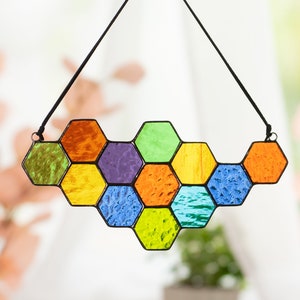 Honeycomb Stained Glass Window Hangings Mothers Day Gifts Honeybee Decor Bumble Bee Stained Glass Suncatcher Honeycomb Wall Decor image 1