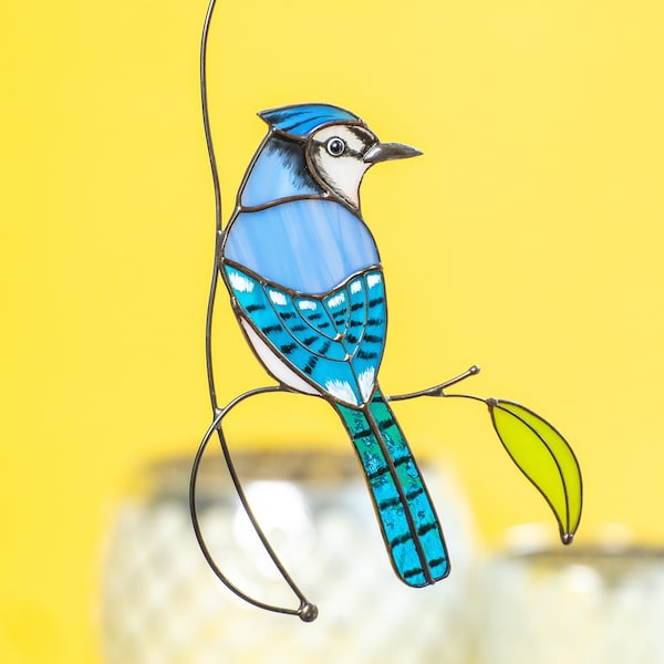 Blue Jay Stained Glass Bird Suncatcher Godfather Gift Modern Stained Glass Window Hangings Bird Garden Decor