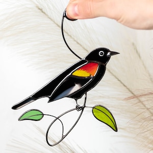 Red Winged Blackbird Stained Glass Window Hangings Boyfriend Christmas Gift Stained Glass Birds Suncatcher Stained Glass Decor Gift for Him