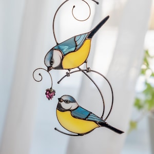Custom Stained Glass Birds Suncatcher Mother In Law Gift Chickadee Stained Glass Window Hangings Bird Wall Decor