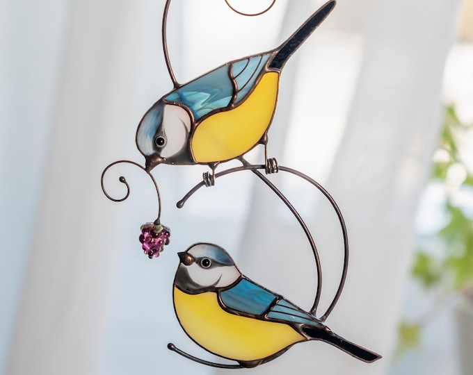 Custom Stained Glass Birds Suncatcher Mother In Law Gift Chickadee Stained Glass Window Hangings Bird Wall Decor