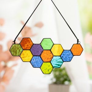 Honeycomb Stained Glass Window Hangings Christmas Present Custom Stained Glass Suncatcher Rustic Decor Stained Glass Panel Best Friend Gift