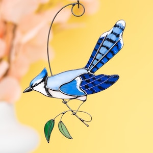 Ornement de geai bleu, tenture de vitrail moderne, cadeau d&#39;anniversaire, vitrail personnalisé attrape-soleil, mangeoire pour oiseaux, idées de cadeau d&#39;entreprise