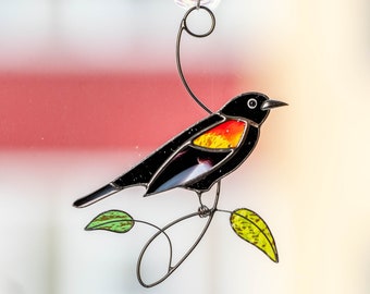 Red Winged Blackbird Stained Glass Window Hangings Mothers Day Gifts Stained Glass Birds Suncatcher Custom Stained Glass Decor