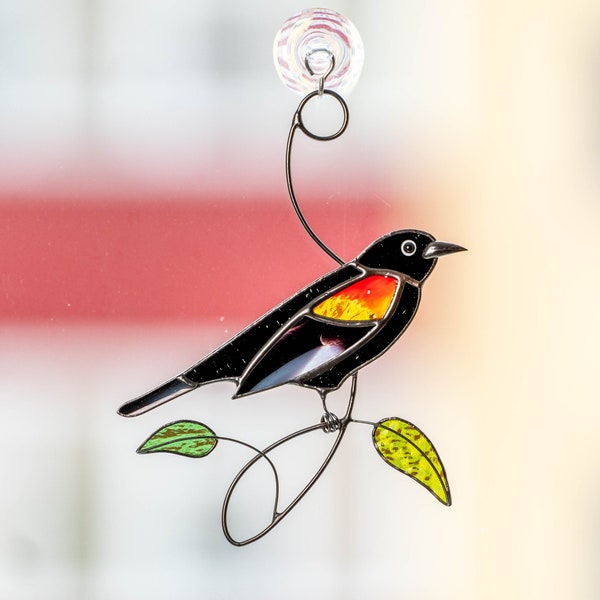 Red Winged Blackbird Stained Glass Window Hangings Mothers Day Gifts Stained Glass Birds Suncatcher Custom Stained Glass Decor