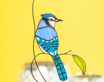 Blue Jay glas-in-lood vogel Suncatcher moeders dag geschenken moderne glas-in-lood raamhangers vogel tuin decor